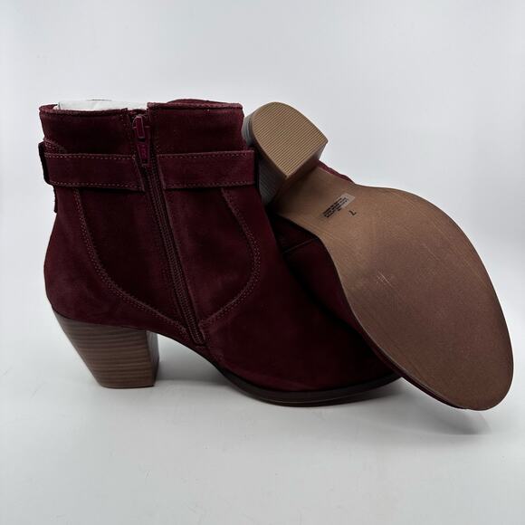 Diba Sleek Buckle Ankle Bootie Side Zipper Block Heel Burgundy Womens Size US7.5 - Picture 9 of 9